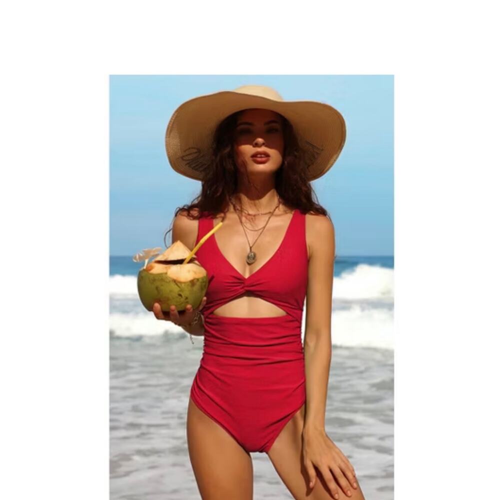 Charmo Red Twist Front Cutout Ruched One Piece Swimsuit XL NWT